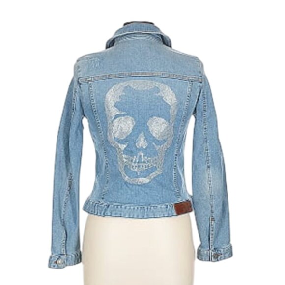 Zadig & Voltaire Kioky Skull Denim Jean Jacket Womens Large Blue Long Sleeve - Picture 1 of 12